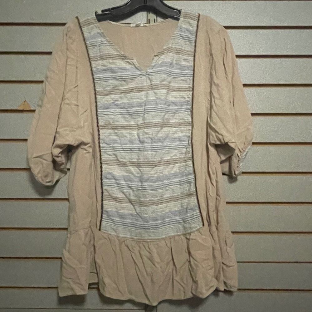 Easel Womens Boho Striped Contrast Ruffle Hem Balloon Sleeve Tunic Top Beige S